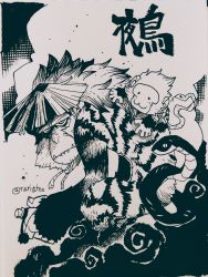Rule 34 | absurdres, character name, closed mouth, fang, fang out, fangs, greyscale, hat, highres, ink (medium), inktober, looking at viewer, monkey, monochrome, no humans, original, rariatto (ganguri), scan, sharp teeth, straw hat, teeth, traditional media, twitter username, traditional youkai