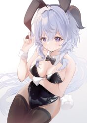 Rule 34 | 1girl, alternate costume, animal ears, arm under breasts, bare arms, bare shoulders, black bow, black bowtie, black leotard, black thighhighs, blue hair, bow, bowtie, breast hold, breasts, cleavage, closed mouth, detached collar, fake animal ears, fake tail, floating hair, frown, ganyu (genshin impact), genshin impact, goat horns, hair between eyes, hair intakes, highleg, highleg leotard, highres, holding ear, horns, invisible chair, leotard, long hair, looking at viewer, medium breasts, playboy bunny, ponytail, purple eyes, rabbit ears, rabbit tail, sidelocks, simple background, sitting, solo, strapless, strapless leotard, tail, thighhighs, thighs, ume (plumblossom), very long hair, white background, white wrist cuffs, wrist cuffs