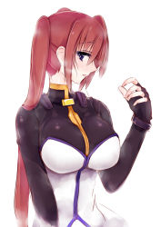 Rule 34 | 1girl, akitsuchi shien, bad id, bad pixiv id, black shirt, bodysuit, breasts, brown hair, closed mouth, commentary request, dress, fingerless gloves, gloves, highres, large breasts, long hair, long sleeves, looking at viewer, lyrical nanoha, magical girl, mahou shoujo lyrical nanoha, mahou shoujo lyrical nanoha strikers, purple eyes, shirt, side ponytail, simple background, skin tight, solo, standing, sweat, takamachi nanoha, upper body, wet, white background, white dress