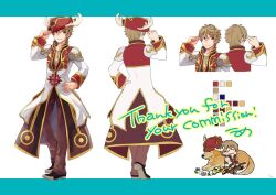 Rule 34 | 1boy, antlers, bicorne, blue eyes, brown coat, brown hair, brown pants, chibi, coat, color guide, commentary request, commission, cross, cross necklace, dog, flower, full body, gold trim, grin, hat, hat tip, high priest (ragnarok online), horns, jewelry, layered clothes, long sleeves, male focus, necklace, pants, pink flower, ragnarok online, red coat, red headwear, shoes, short hair, skeb commission, smile, umaruzo, white coat
