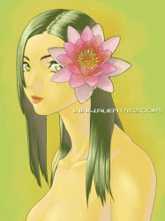 Rule 34 | 1girl, alien1452, flower, green eyes, green hair, hair ornament, lips, long hair, lotus, matching hair/eyes, nude, solo