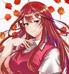 Rule 34 | 1girl, absurdres, ahoge, bare shoulders, blue eyes, blush, breasts, closed mouth, collared shirt, go-toubun no hanayome, hair between eyes, hair ornament, highres, large breasts, leaf, long hair, maple leaf, murplepuke, nakano itsuki, red hair, red sweater vest, school uniform, shirt, smile, solo, star (symbol), star hair ornament, sweater vest, white shirt