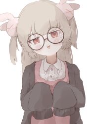 Rule 34 | &gt; &lt;, 1girl, :d, apron, aromajiro (armadillo 0212), black cardigan, blonde hair, blush, cardigan, center frills, collared dress, commentary request, dress, frills, glasses, hair ornament, hands up, head tilt, highres, long hair, long sleeves, looking at viewer, natori sana, open mouth, pink apron, rabbit hair ornament, red eyes, round eyewear, sana channel, simple background, sleeves past fingers, sleeves past wrists, smile, solo, two side up, upper body, virtual youtuber, white background, white dress