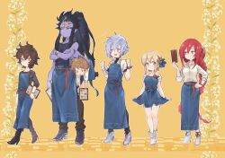 Rule 34 | 2girls, 4boys, :d, ahoge, apron, apron tug, armlet, bandaged arm, bandages, bare shoulders, bishounen, black footwear, black hair, blonde hair, blue apron, boots, borrowed clothes, bracelet, braid, breasts, brown hair, carrying, carrying person, carrying under arm, colored skin, commentary, commentary request, dress shirt, europa (granblue fantasy), expressionless, extra arms, floral background, flower, frilled apron, frills, full body, godsworn alexiel, gran (granblue fantasy), granblue fantasy, grey eyes, grimnir (granblue fantasy), gucha (netsu), hair between eyes, hair flower, hair ornament, heterochromia, high heel boots, high heels, high ponytail, holding, holding menu, jewelry, long hair, looking to the side, medium breasts, menu, messy hair, multiple boys, multiple girls, off shoulder, official alternate costume, open mouth, pointy ears, purple hair, purple skin, red eyes, red hair, sandalphon (granblue fantasy), sandalphon (server of a sublime brew) (granblue fantasy), shirt, shiva (granblue fantasy), short hair, sidelocks, size difference, sleeveless, sleeveless shirt, smile, striped clothes, striped shirt, vertical-striped clothes, vertical-striped shirt, very long hair, waist apron, white footwear, yellow background