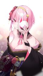 Rule 34 | 1girl, alternate hair length, alternate hairstyle, bare shoulders, black kimono, blush, breasts, brown background, cleavage, closed mouth, commentary, confetti, detached collar, english commentary, floral print, flower, fox mask, from above, gradient background, hair flower, hair ornament, hairband, highres, holding, holding mask, hololive, hololive english, japanese clothes, kimono, looking at viewer, mask, medium breasts, mori calliope, mori calliope (new year), obi, off shoulder, official alternate costume, pink hair, red eyes, sash, short hair, simple background, smile, solo, tassel, upper body, virtual youtuber, white background, wide sleeves, wrist cuffs, yellow hairband, yuyaiyaui