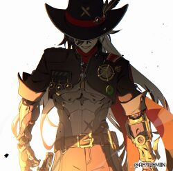 Rule 34 | 1boy, absurdres, armor, artofmiin, belt, black belt, black hair, black hat, black jacket, black pants, boothill (honkai: star rail), bullet earrings, commentary, covered eyes, cowboy hat, cowboy shot, facing viewer, grin, hat, hat feather, highres, holster, holstered, honkai: star rail, honkai (series), jacket, long hair, male focus, mechanical arms, mechanical hands, pants, red scarf, scarf, sharp teeth, simple background, sleeves rolled up, smile, solo, symbol-only commentary, teeth, twitter username, unzipped, very long hair, white background, white hair