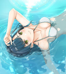 Rule 34 | 1girl, bare arms, bare pectorals, bare shoulders, bikini, blue hair, blue nails, blush, commentary, dutch angle, floating, floating hair, front-tie top, halterneck, hand on forehead, highres, idolmaster, idolmaster million live!, idolmaster million live! theater days, in water, nail polish, nanao yuriko, pectorals, smile, solo, string bikini, swimsuit, upper body, water, white bikini, yellow eyes, yuzuyu (hyui)