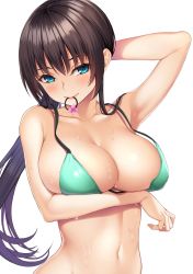 Rule 34 | 1girl, arm up, armpits, arms behind head, bare arms, bare shoulders, bikini, blue eyes, breast hold, breasts, brown hair, cleavage, collarbone, commentary request, green bikini, hair between eyes, head tilt, highres, large breasts, long hair, looking at viewer, mouth hold, navel, original, ponytail, sidelocks, simple background, solo, stomach, string bikini, swimsuit, takoneru, upper body, wet, white background