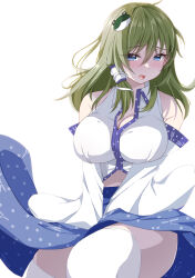 Rule 34 | 1girl, bare shoulders, blue eyes, blue skirt, blush, breasts, chimunge, cleavage, detached sleeves, embarrassed, eyes visible through hair, feet out of frame, frog hair ornament, green hair, hair between eyes, hair ornament, hair tubes, highres, kochiya sanae, large breasts, long hair, long sleeves, looking at viewer, midriff peek, navel, over-kneehighs, shirt, simple background, skirt, snake hair ornament, solo, thighhighs, touhou, white background, white shirt, white thighhighs