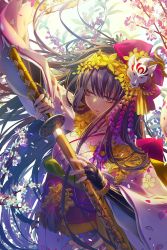 Rule 34 | 1girl, arm up, chang&#039;e (destiny child), commentary request, destiny child, fingerless gloves, floral print, flower, gauntlets, gloves, hair ornament, half-closed eyes, headdress, highres, japanese clothes, katana, kimono, leaf, long hair, looking to the side, obi, open mouth, petals, purple eyes, purple hair, revision, sash, sheath, solo, sword, tassel, tsukioka tsukiho, unsheathing, very long hair, weapon, wide sleeves, wind, wind lift, wolf