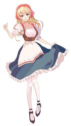 Rule 34 | 1girl, black footwear, blonde hair, blue skirt, bodice, bonnet, clothes lift, full body, highres, honoca maru, long hair, looking at viewer, open mouth, original, pantyhose, puffy short sleeves, puffy sleeves, red eyes, short sleeves, skirt, skirt lift, smile, solo, white background, white pantyhose