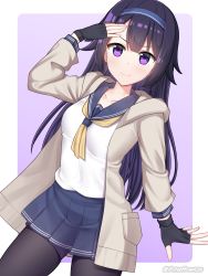 Rule 34 | 1girl, artist name, black hair, commentary, cowboy shot, dutch angle, english commentary, fingerless gloves, girls&#039; frontline, gloves, hair flaps, hairband, highres, jacket, long hair, looking at viewer, purple eyes, rynzfrancis, sailor collar, salute, school uniform, simple background, skirt, solo, super sass (girls&#039; frontline), thighhighs, very long hair