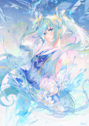 Rule 34 | 1girl, arm tattoo, atdan, blue eyes, blue flower, blue hair, blue nails, blue shirt, blush, breasts, closed mouth, commentary request, corrupted metadata, fingernails, floating hair, flower, hair between eyes, hair ornament, hatsune miku, highres, holding, holding flower, long hair, looking at viewer, medium breasts, nail polish, sailor collar, shirt, sidelocks, signature, smile, solo, star (symbol), tattoo, twintails, upper body, very long hair, vocaloid, white sailor collar
