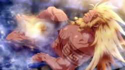 Rule 34 | 1boy, bara, bare pectorals, beard, blonde hair, blue eyes, bwanga, completely nude, dungeon and fighter, facial hair, highres, konohanaya, large pectorals, looking at viewer, male focus, manly, muscular, nipples, nude, old, old man, partially submerged, pectorals, short hair, solo, tattoo, thick thighs, thighs, tied beard, veins, wet