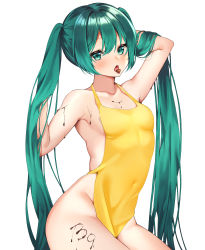 Rule 34 | 1girl, absurdres, apron, arm up, bare arms, breasts, candy, ch r y, chocolate, chocolate heart, collarbone, covered navel, food, green eyes, green hair, hair between eyes, hand in own hair, hatsune miku, heart, highres, long hair, naked apron, open mouth, simple background, sitting, small breasts, solo, tongue, tongue out, twintails, very long hair, vocaloid, white background, yellow apron