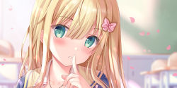 Rule 34 | 1girl, bad id, bad pixiv id, blonde hair, blue shirt, blurry, blurry background, blush, bow, classroom, commentary request, depth of field, finger to mouth, green eyes, hair between eyes, hair bow, highres, index finger raised, jewelry, long hair, looking at viewer, necklace, original, petals, sailor collar, shirt, sidelocks, solo, sousouman