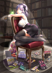 Rule 34 | 10s, 1girl, :o, alto seneka, ascot, black flower, black footwear, black ribbon, black rose, black skirt, black thighhighs, blue eyes, bookshelf, box, breasts, can, candy, chair, chocolate, dagashi kashi, dress shirt, eyebrows, feet, flower, food, hair flower, hair ornament, hair ribbon, hairband, high-waist skirt, high heels, highres, holding, holding food, indoors, jewelry, lace, lace-trimmed legwear, lace trim, large breasts, lens flare, looking at viewer, miniskirt, nail polish, no shoes, on chair, outstretched arm, purple hair, red nails, ribbon, ring, ring pop, ringed eyes, rose, shidare hotaru, shirt, shoes, unworn shoes, short hair, sitting, skirt, sleeveless, sleeveless shirt, solo, sparkle, stage lights, sweets, table, thighhighs, umaibou, white shirt, wooden floor, yokozuwari