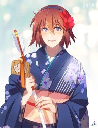 Rule 34 | 1girl, 2019, arrow (projectile), blue eyes, blush, boar, brown hair, character request, chinese new year, dated, ebbilin, floral print, flower, hair flower, hair ornament, hairband, japanese clothes, kimono, looking at viewer, new year, obi, aged up, outdoors, sash, short hair, signature, smile, snow, solo, wide sleeves, winter