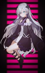 Rule 34 | 1girl, absurdres, bare shoulders, black dress, black footwear, blue eyes, cevio, closed mouth, commentary request, dress, flower-shaped pupils, full body, grey hair, hair ornament, hair over one eye, highres, kamitsubaki studio, long hair, long sleeves, looking at viewer, multicolored hair, off-shoulder dress, off shoulder, official art, purple hair, sekai (cevio), shiratakiseaice, sleeves past fingers, sleeves past wrists, solo, streaked hair, symbol-shaped pupils, very long hair