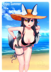 Rule 34 | 10s, 1girl, absurdres, alternate costume, animal ears, bare shoulders, beach, bent over, bikini, bikini top only, black hair, blue eyes, bracelet, collarbone, commentary request, day, earrings, fang, grey hair, grey wolf (kemono friends), hands on own hips, hat, heterochromia, highres, jewelry, kemono friends, legband, long hair, looking at viewer, multicolored hair, ocean, ponta (matsuokazieg), sand, short shorts, shorts, signature, sky, straw hat, sun hat, swimsuit, tail, white hair, wolf ears, wolf tail, yellow eyes