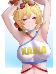 Rule 34 | 1girl, absurdres, armpits, arms up, blonde hair, braid, breasts, character name, cheerleader, choker, clothes writing, criss-cross halter, crop top, eyewear on head, french braid, halterneck, highres, holding, holding pom poms, hololive, hololive indonesia, kaela kovalskia, large breasts, looking at viewer, pom pom (cheerleading), pom poms, red eyes, shirt, short hair, si farid, smile, solo, sunglasses, tinted eyewear, upper body, virtual youtuber, white choker, white shirt