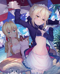 Rule 34 | 2girls, absurdres, ahoge, alternate costume, animal ears, apron, artoria pendragon (alter swimsuit rider) (fate), artoria pendragon (alter swimsuit rider) (second ascension) (fate), artoria pendragon (fate), beach, bikini, bikini top only, black bikini, black jacket, blonde hair, blush, braid, breasts, bridal garter, cat, cat ears, cleavage, commentary request, dutch angle, embarrassed, fate/grand order, fate (series), french braid, frilled apron, frilled bikini, frilled bikini top, frills, green eyes, hair between eyes, hair intakes, highres, jacket, kemonomimi mode, long hair, long sleeves, looking at another, maid, maid apron, maid bikini, maid headdress, medium breasts, midriff, multiple girls, muragaki (sgxx4878), nero claudius (fate), nero claudius (fate) (all), nero claudius (fate/extra), ocean, open clothes, open jacket, open mouth, short sleeves, sidelocks, small breasts, smile, smug, stomach, swimsuit, tray, unconventional maid, waist apron, white apron, yellow eyes