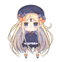 Rule 34 | 1girl, :o, abigail williams (fate), bad id, bad pixiv id, black bow, black dress, black footwear, black hat, blonde hair, bloomers, blue eyes, blush, bow, bug, butterfly, cer (cerber), chibi, dress, fate/grand order, fate (series), full body, hair bow, hands up, hat, insect, keyhole, long hair, long sleeves, lowres, orange bow, parted bangs, parted lips, pointy ears, polka dot, polka dot bow, simple background, sleeves past fingers, sleeves past wrists, solo, standing, underwear, very long hair, white background, white bloomers