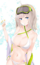 Rule 34 | 1girl, aa-12 (girls&#039; frontline), aa-12 (the sun never rises) (girls&#039; frontline), absurdres, ahoge, alternate costume, bags under eyes, bare shoulders, bikini, blue eyes, blush, breasts, candy, cleavage, collarbone, cowboy shot, food, girls&#039; frontline, goggles, goggles on head, groin, hair ornament, halterneck, heart, heart-shaped pupils, highres, holding, holding food, large breasts, lollipop, long hair, looking at viewer, mouth hold, navel, ru zhai, sidelocks, silver hair, solo, stomach, swimsuit, symbol-shaped pupils, towel