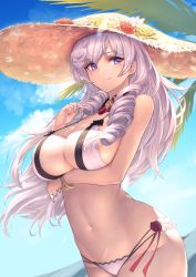 Rule 34 | 1girl, algerie (azur lane), algerie (white sand paradise) (azur lane), azur lane, bangle, bare arms, bare shoulders, bikini, bracelet, breast hold, breasts, brown hat, cleavage, cloud, cowboy shot, day, detached collar, drill hair, earrings, flower, groin, halterneck, hand up, hat, hat flower, highres, itaco, jewelry, large breasts, long hair, looking at viewer, mole, mole on breast, mole under eye, multi-strapped bikini, nail polish, navel, outdoors, purple eyes, silver hair, sky, smile, solo, stomach, strap gap, straw hat, swimsuit, twin drills, white bikini