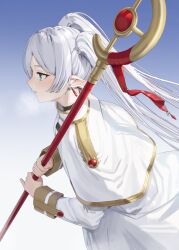 Rule 34 | 1girl, absurdres, blue background, blush, earrings, elf, frieren, goback, gradient background, highres, holding, holding staff, jewelry, long hair, long sleeves, mage staff, pointy ears, profile, solo, sousou no frieren, staff, twintails, white hair