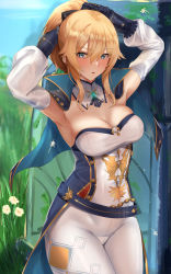Rule 34 | 1girl, absurdres, armpits, arms up, black ribbon, blonde hair, blue eyes, blush, breasts, capelet, cleavage, collarbone, commentary request, covered navel, detached sleeves, flower, genshin impact, gloves, grass, green eyes, hair ribbon, highres, hotate-chan, jean (genshin impact), large breasts, long hair, ponytail, ribbon, sidelocks, skin tight, solo, tying hair, white flower, white legwear