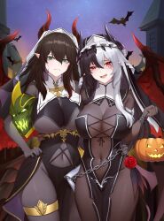 Rule 34 | 2girls, absurdres, bat (animal), black hair, bridal garter, chain, covered navel, fangs, feathers, flower, green eyes, halloween, halloween bucket, hand on another&#039;s hip, highres, horns, multicolored hair, multiple girls, original, pointy ears, red eyes, see-through, veil, wish-tf