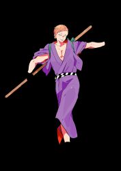 Rule 34 | 10s, 1boy, alternate costume, black gloves, boots, earrings, flat color, full body, gloves, grin, highres, iwatooshi, japanese clothes, jewelry, kimono, kinako (marubotan), looking at viewer, male focus, official art, orange hair, pectoral cleavage, pectorals, rake, reverse grip, short hair, smile, solo, touken ranbu, transparent background