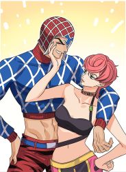 Rule 34 | 1boy, 1girl, animal print, argyle, argyle clothes, argyle sweater, breasts, closed eyes, collarbone, gooonja, green eyes, guido mista, hand on another&#039;s face, hat, height difference, highres, jojo no kimyou na bouken, long sleeves, looking at another, medium breasts, midriff, navel, pants, pink hair, smile, strapless, sweater, tiger print, trish una, tube top, vento aureo
