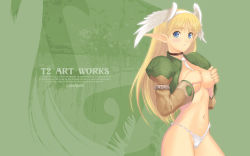 Rule 34 | 1girl, blonde hair, blue eyes, breasts, collar, covering privates, covering breasts, cowboy shot, elf, elwing, feathers, from side, grabbing, grabbing another&#039;s breast, green background, hairband, head wings, highres, jacket, no bra, no pants, official art, official wallpaper, panties, pointy ears, sega, shining (series), shining tears, solo, standing, thighs, tony taka, underwear, wallpaper, white feathers, white panties, wings