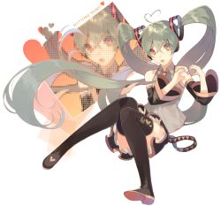 Rule 34 | 1girl, ahoge, black footwear, black thighhighs, boots, cats brain, detached sleeves, full body, green hair, hatsune miku, heart, heart ahoge, heart hands, long hair, looking at viewer, necktie, open mouth, orange eyes, skirt, solo, tattoo, thigh boots, thighhighs, twintails, very long hair, vocaloid, white background