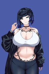 Rule 34 | 1girl, arm tattoo, black choker, black hair, black jacket, black pantyhose, blue background, blue hair, bracelet, breasts, chest tattoo, choker, collarbone, crop top, earrings, genshin impact, gradient hair, green eyes, head tilt, highres, jacket, jewelry, large breasts, leopxl, looking at viewer, mole, mole on breast, multicolored hair, off shoulder, pantyhose, pubic tattoo, simple background, sleeves past wrists, solo, stomach tattoo, tattoo, twitter username, yelan (genshin impact)