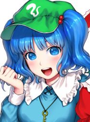 Rule 34 | blue eyes, blue hair, blue shirt, blush, breasts, close-up, collared shirt, commentary request, flat cap, frilled shirt collar, frills, green hat, hair bobbles, hair ornament, hat, jewelry, kageharu, kappa, kawashiro nitori, key, key necklace, long sleeves, looking at viewer, medium breasts, medium hair, necklace, shirt, short twintails, sidelocks, touhou, twintails, two side up