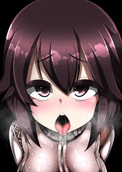 Rule 34 | 10s, 1girl, absurdres, aki yuuto, bad id, bad pixiv id, black hair, bodysuit, brown eyes, brown hair, chestnut mouth, drooling, hair between eyes, hayasui (kancolle), highres, jacket, kantai collection, looking at viewer, open mouth, purple eyes, saliva, short hair, solo, sweat, track jacket