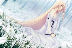Rule 34 | 1girl, absurdly long hair, absurdres, blonde hair, breasts, caucasus, dress, flower, forest, highres, holding, holding flower, long hair, looking at viewer, nanatsuki shion, nature, outdoors, red eyes, sitting, small breasts, snowdrop (flower), solo, sugina miki, tree, very long hair, white dress