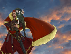 Rule 34 | 2boys, age difference, armor, bad id, beard, black hair, bob cut, bug, cape, carrying, chimaki (pixiv), facial hair, fate/zero, fate (series), fireflies, firefly, grin, highres, bug, iskandar (fate), long hair, male focus, multiple boys, necktie, outdoors, pointing, ponytail, red hair, short hair, size difference, sky, smile, standing, sword, waver velvet, weapon