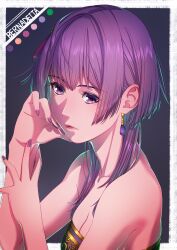 Rule 34 | 1girl, aduti momoyama, bare arms, bare shoulders, bernadetta von varley, breasts, character name, cleavage, closed mouth, collarbone, earrings, eyelashes, eyes visible through hair, fingernails, fire emblem, fire emblem: three houses, hair ribbon, hand on own arm, hand up, highres, jewelry, lips, long hair, medium breasts, nail polish, nintendo, pink lips, purple eyes, purple hair, purple nails, purple ribbon, ribbon, solo, tassel, tassel earrings, upper body