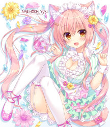 Rule 34 | 1girl, :d, ameto yuki, animal ear fluff, animal ears, ankle lace-up, apron, blush, bow, breasts, brown eyes, cat cutout, cat ears, cat girl, cat tail, cleavage, cleavage cutout, clothing cutout, commentary request, cross-laced footwear, dress, fingernails, flower, hair between eyes, hair ornament, hands up, highres, holding, large breasts, light brown hair, long hair, maid, maid headdress, open mouth, original, petals, pink flower, pink footwear, puffy short sleeves, puffy sleeves, purple flower, short sleeves, sidelocks, smile, solo, striped clothes, striped dress, tail, tail bow, tail flower, tail ornament, thighhighs, twintails, vertical-striped clothes, vertical-striped dress, very long hair, waist apron, water drop, white apron, white background, white bow, white thighhighs, wrist cuffs, yellow flower