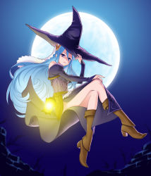 Rule 34 | 1girl, alternate costume, azura (fire emblem), blue eyes, blue hair, boots, breasts, dancer, dress, female focus, fire emblem, fire emblem fates, hair between eyes, hat, highres, lantern, long hair, matching hair/eyes, moon, night, nintendo, sky, solo, tuqi pix, very long hair, witch, witch hat