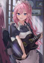 Rule 34 | 1girl, absurdres, apron, black bow, black bowtie, black dress, blue eyes, bocchi the rock!, bow, bowtie, breath, commentary, cowboy shot, cube hair ornament, dress, electric guitar, frilled apron, frills, gibson les paul, gotoh hitori, guitar, hair between eyes, hair ornament, highres, holding, holding instrument, indoors, instrument, long hair, looking at mirror, looking at viewer, maid, maid apron, maid headdress, mirror, nimiru namire, one side up, open mouth, pink hair, puffy short sleeves, puffy sleeves, reflection, short sleeves, smile, standing, sunlight, white apron