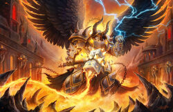 Rule 34 | 1boy, absurdres, album cover, armor, armored boots, boots, breastplate, castle, chain, commentary, cover, english commentary, fantasy, faulds, feathered wings, fire, full armor, gauntlets, glowing, glowing eyes, halo, hammer, hammerfall, helmet, highres, holding, holding hammer, holding weapon, hood, horns, lightning, magic, mountain, official art, plate armor, samwise didier, shoulder armor, signature, sir hector, weapon, wings