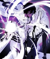 Rule 34 | 2boys, angry, arjuna (fate), bare shoulders, bishounen, black eyes, blood, blood on clothes, blood on face, blood on hands, bodysuit, brown hair, chest jewel, cloak, couple, dark-skinned male, dark skin, defeat, fate/grand order, fate (series), fighting stance, fuka (hk nemo), gloves, hair between eyes, highres, holding person, jewelry, karna (fate), looking at viewer, male focus, multiple boys, pectorals, powering up, simple background, skin tight, upper body