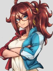 Rule 34 | 1girl, alternate hairstyle, android 21, black-framed eyewear, blue eyes, breasts, brown hair, closed mouth, collarbone, commentary request, crossed arms, curly hair, dragon ball, dragon ball fighterz, earrings, glasses, hair ornament, high ponytail, hoop earrings, jacket, jewelry, kemachiku, long hair, looking at viewer, medium breasts, multicolored jacket, nail polish, open clothes, open jacket, ponytail, shirt, smile, solo, two-tone jacket, unzipped, upper body, very long hair, white shirt
