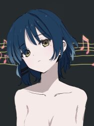 Rule 34 | 1girl, asymmetrical sidelocks, bare shoulders, black background, blue hair, bocchi the rock!, breasts, closed mouth, commentary request, completely nude, don&#039;t say &quot;lazy&quot;, earrings, hair ornament, hairclip, highres, jewelry, k-on!, looking at viewer, medium breasts, mole, mole under eye, musical note, nude, out-of-frame censoring, parted bangs, short hair, simple background, solo, stud earrings, ukitaryu, upper body, yamada ryo, yellow eyes