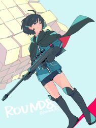 Rule 34 | 1girl, amatori chika, black cloak, black footwear, black gloves, black shorts, blue jacket, bob cut, boots, cloak, cube, dutch angle, floating clothes, gloves, gun, holding, holding gun, holding weapon, jacket, kaburock2002, knee boots, looking at viewer, mikumo squad&#039;s uniform, pocket, purple eyes, red eyes, rifle, shadow, shorts, smile, sniper rifle, solo, standing, trigger discipline, twitter username, two-sided fabric, uniform, weapon, wind, world trigger